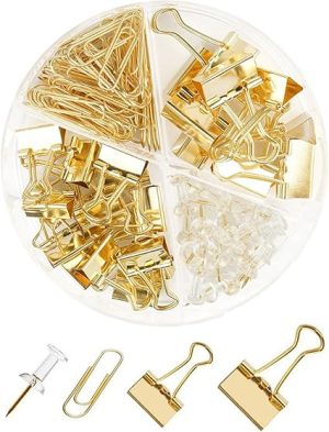 Gold Paper Binder and Clips Set, Metal Assorted Sized Binders with Push Pins, Cute Office Supplies, Teacher Desk Must Haves, Desk Accessories