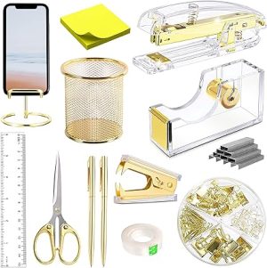 Gold Desk Accessories, Acrylic Stapler, Staple Remover, Tape Holder, Pen Holder, Ballpoint Pen, Scissor, Binder Clips, Staples, Phone Holder, Ruler, Transparent Glue and Sticky Notes