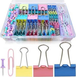 Paper Clips and Binder Clips Assorted Sizes, 240 PCS Colored Office Clips Set Large Medium Small Paper Clamps Paperclips Push Pin Thumb Tacks, College Supplies Home Office Supplies Document Organizing